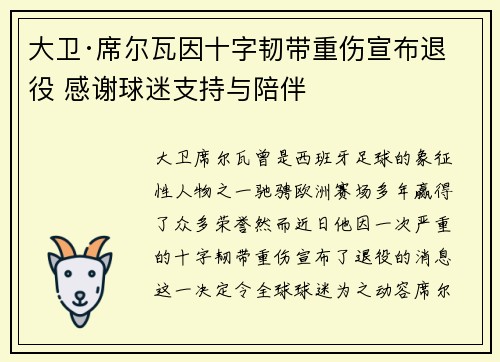 大卫·席尔瓦因十字韧带重伤宣布退役 感谢球迷支持与陪伴 大卫·席尔瓦因十字韧带重伤宣布退役 感谢球迷支持与陪伴