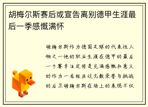 胡梅尔斯赛后或宣告离别德甲生涯最后一季感慨满怀